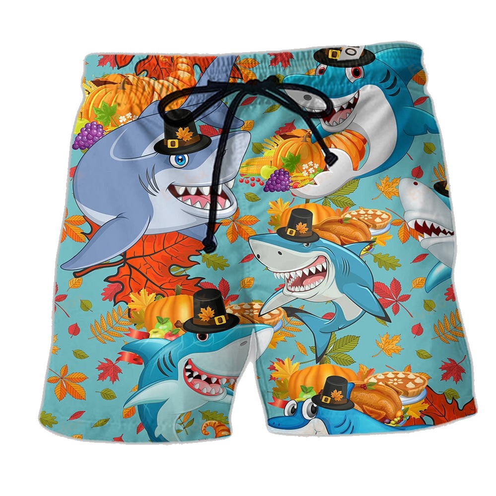 Shark Shorts Thanksgiving Shark Cute Pattern Beach Shorts Blue Orange