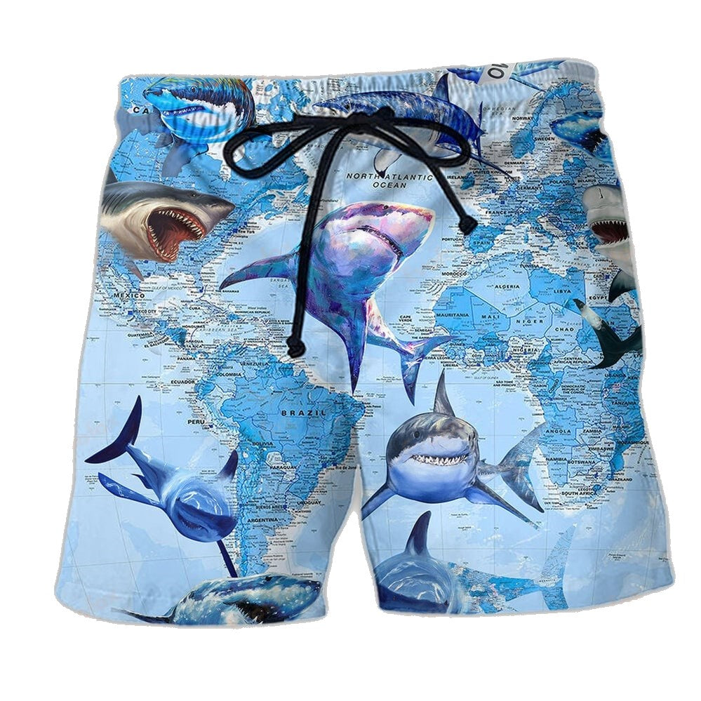 Shark Shorts The Great White Sharks World Map Beach Shorts Blue – Unifinz