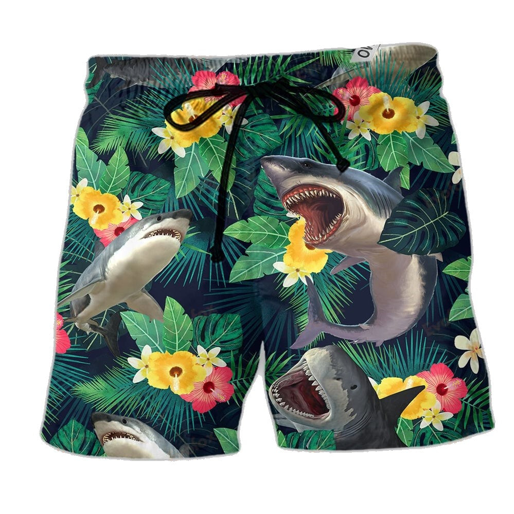 Shark Shorts Shark Tropical Leaf Summer Beach Shorts Green