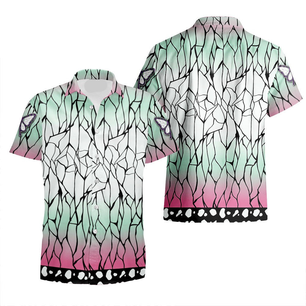 Demon Slayer Hawaii Shirt Demon Slayer Shinobu Kocho Haori Pattern Hawaiian Shirt Green Pink Unisex