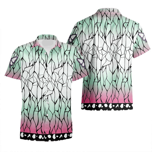 Demon Slayer Hawaii Shirt Demon Slayer Shinobu Kocho Haori Pattern Hawaiian Shirt Green Pink Unisex