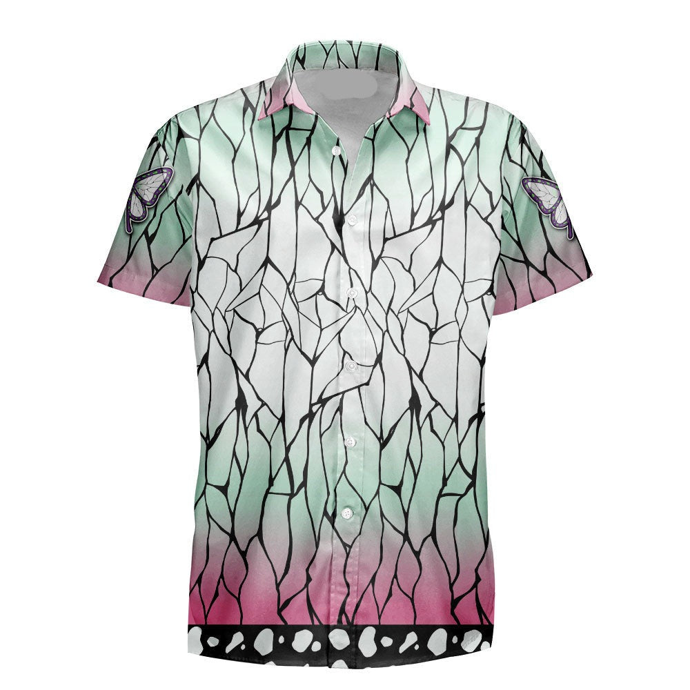 Demon Slayer Hawaii Shirt Demon Slayer Shinobu Kocho Haori Pattern Hawaiian Shirt Green Pink Unisex