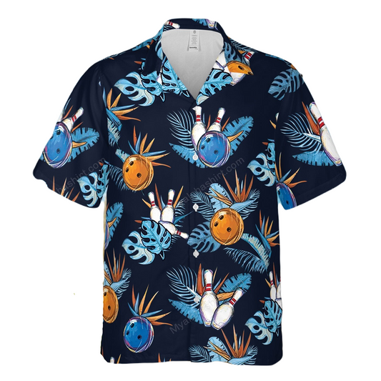 Bowling Hawaii Shirt Drawing Bowling Pins Balls Tropical Pattern Hawaiian Shirt Black Blue Unisex