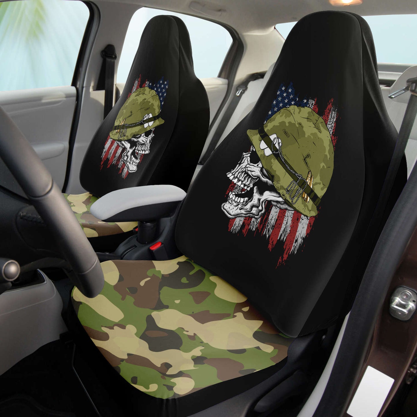 Veteran Car Seat Covers Skull American Army Graphic Camo Pattern Seat Covers Black Green