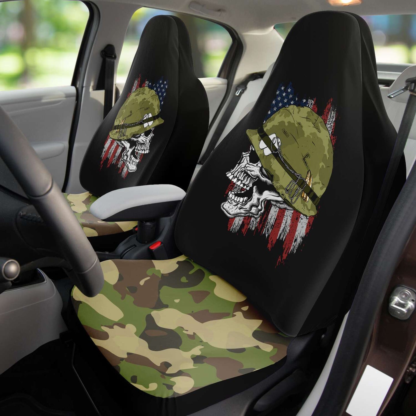 Veteran Car Seat Covers Skull American Army Graphic Camo Pattern Seat Covers Black Green