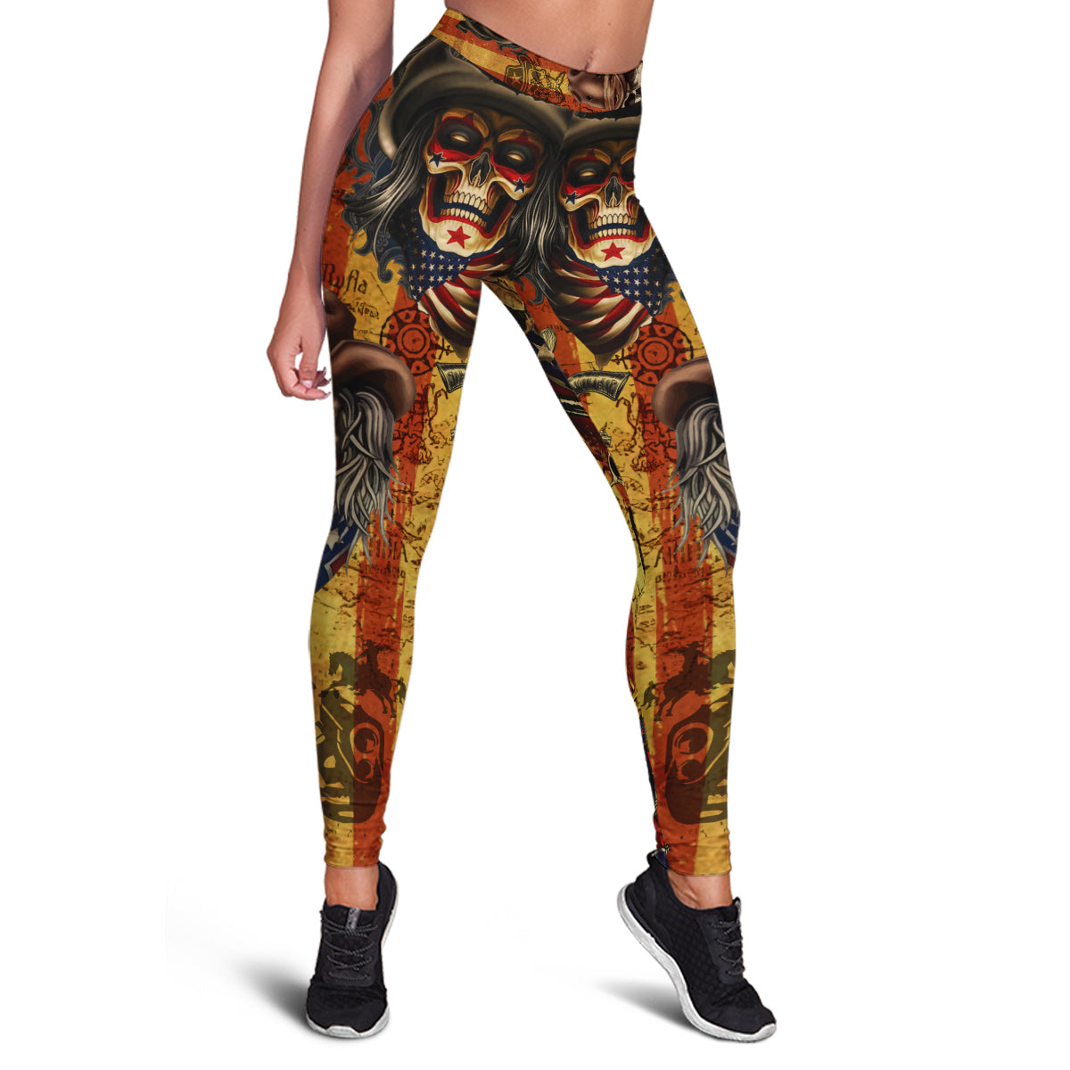 Skull Leggings Skull Cowboy America Retro High Waisted Legging Yellow For Women