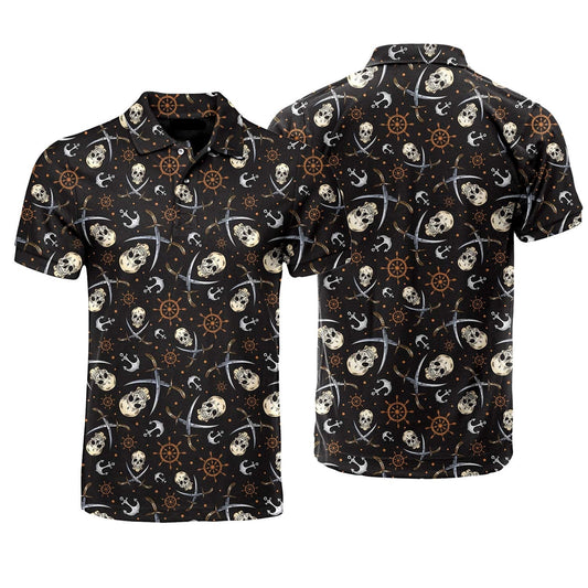 Skull Polo Shirt Skull Pirate Anchor Swords Helm Pattern Boys Polo Shirts Black Brown