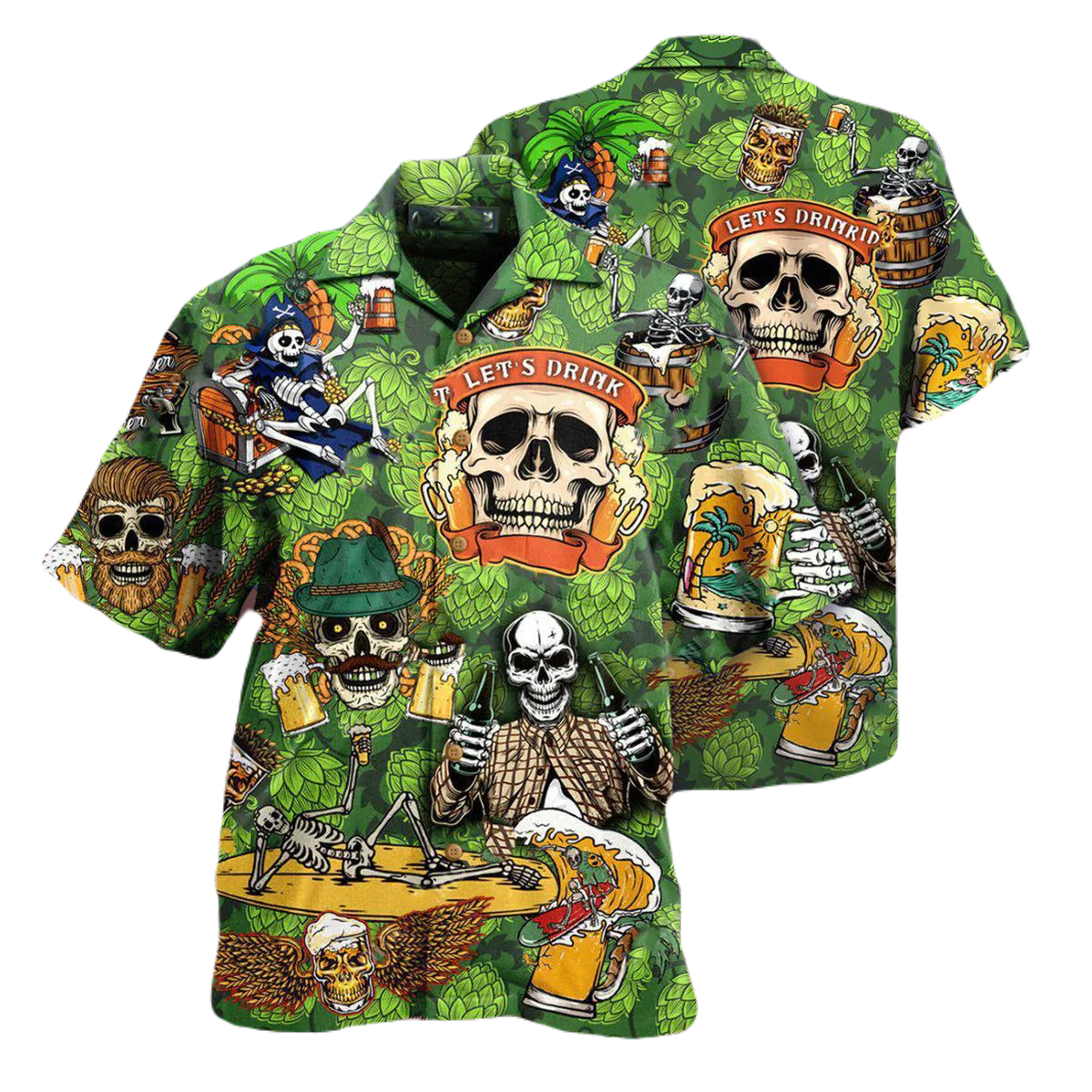Skull Hawaii Shirt Skull Let's Drink Beer Pattern Hawaiian Shirt Green Unisex