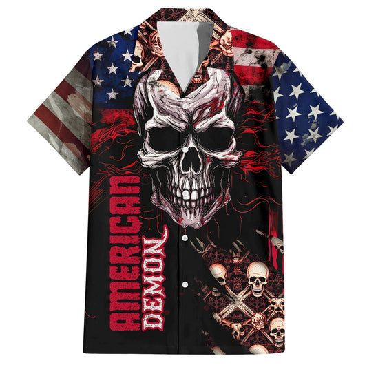 Skull Hawaii Shirt Skull American Demon Flag Pattern Hawaiian Shirt Black Red Unisex