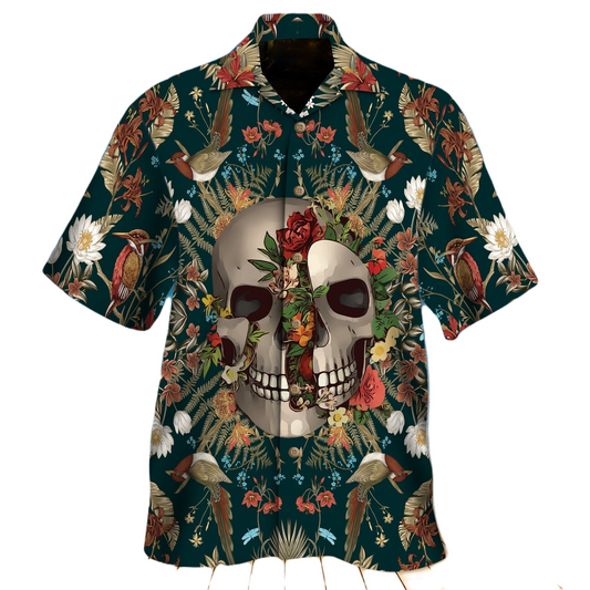 Skull Hawaii Shirt Broken Skull Flowers And Birds Pattern Hawaiian Shirt Green Brown Unisex