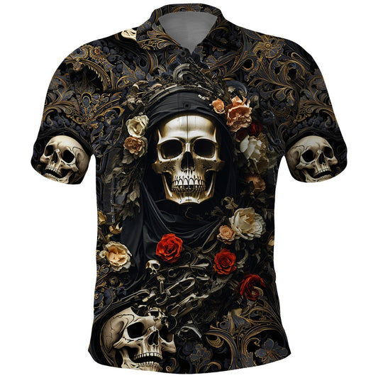 Skull Polo Shirt Skull Roses Never Say Die Boys Polo Shirts Black Brown