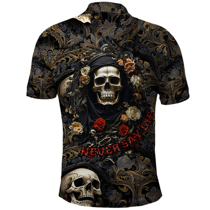 Skull Polo Shirt Skull Roses Never Say Die Boys Polo Shirts Black Brown