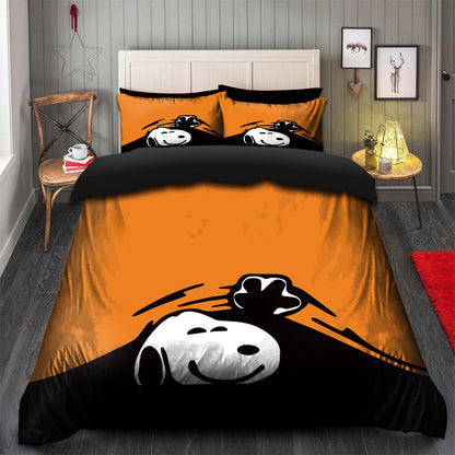Snoopy Peek Under The Blanket Orange Bedding Set