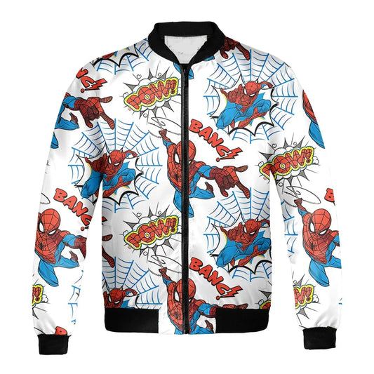 Spiderman Bomber Jacket Spiderman In Actions Pattern Bomber White Unisex