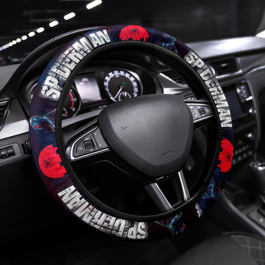 Spiderman Steering Wheel Cover Spiderman Graphic City Silhouette Driving Wheel Cover Black