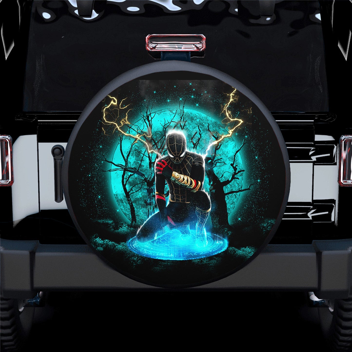 Spiderman Spare Tire Cover MV Spiderman Black Suit No Way Home Moonlight Tire Covers Black Blue