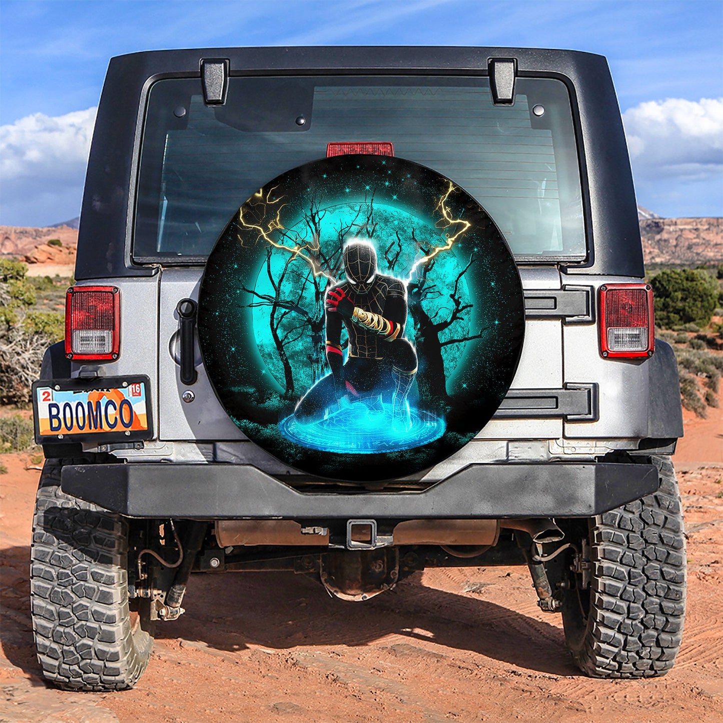 Spiderman Spare Tire Cover MV Spiderman Black Suit No Way Home Moonlight Tire Covers Black Blue