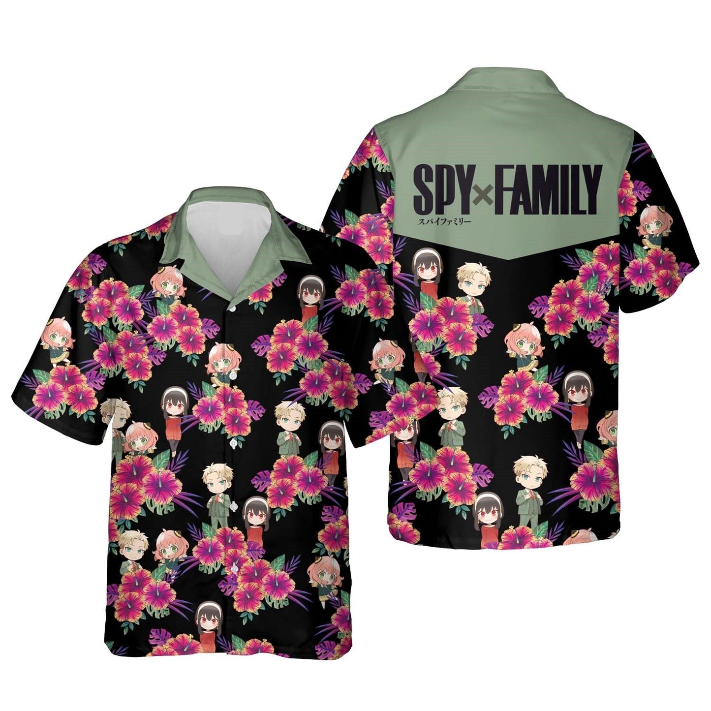 Spyxfamily Hawaii Shirt Spyxfamily Chibi Characters Tropical Pattern Hawaiian Shirt Black Pink Unisex