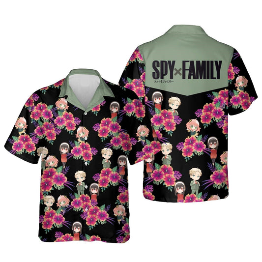Spyxfamily Hawaii Shirt Spyxfamily Chibi Characters Tropical Pattern Hawaiian Shirt Black Pink Unisex