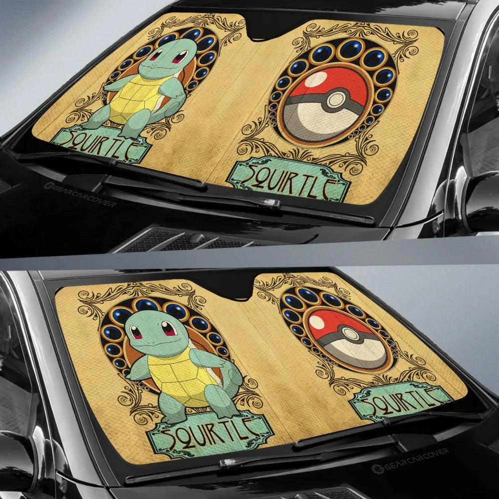 PKM Car Sun Shade Vintage Squirtle Water Pokeball Pattern Winshield Sun Shade Yellow Blue