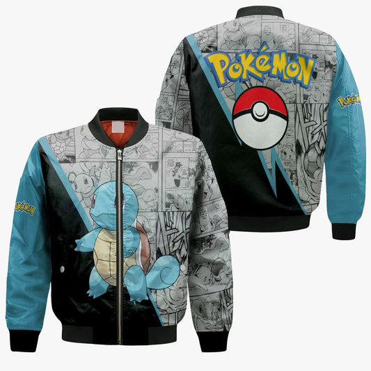 PKM Bomber Jacket PKM Squirtle Pokeball Manga Pattern Bomber Black Blue Unisex