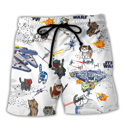 SW Shorts SW Cat Characters Pattern Beach Shorts White