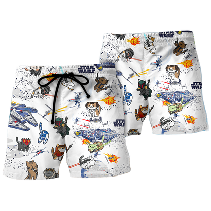 SW Shorts SW Cat Characters Pattern Beach Shorts White