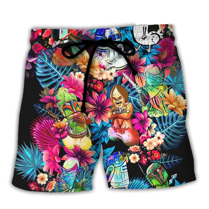 SW Shorts SW Chewbacca R2 D2 Tropical Flower Beach Shorts Colorful