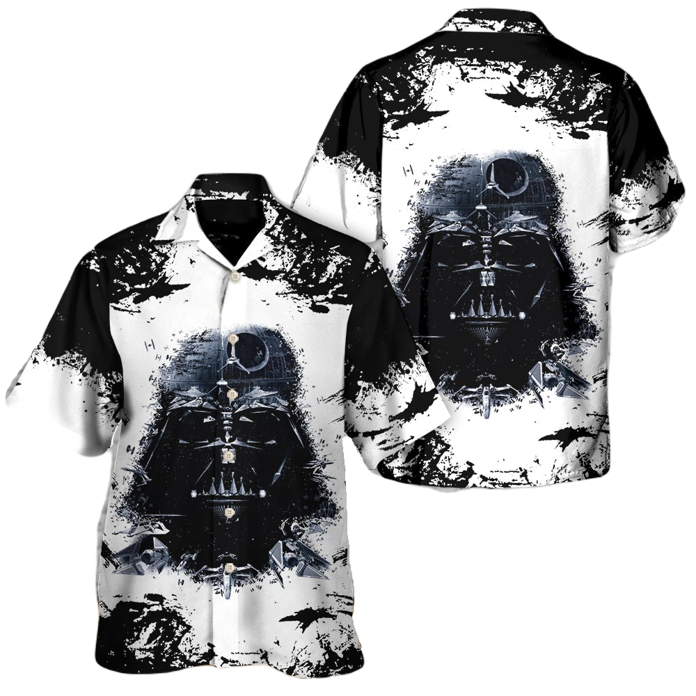 SW Hawaii Shirt Darth Vader Graphic Ship Pattern Hawaiian Shirt Black White Unisex
