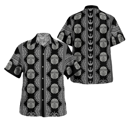 SW Hawaii Shirt Mandalorian Helmet Mandala Pattern Hawaiian Shirt Black Unisex