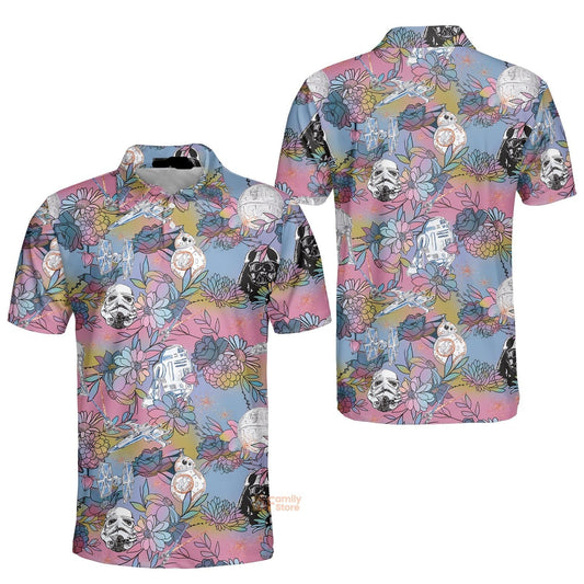 SW Polo Shirt Darth Vader Stormtrooper Droid Flower Polo Tees Blue Pink