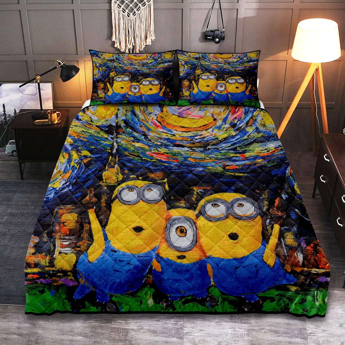 Minions Bedding Set Starry Night Minions Painting Graphic Duvet Covers Colorful Unique Gift