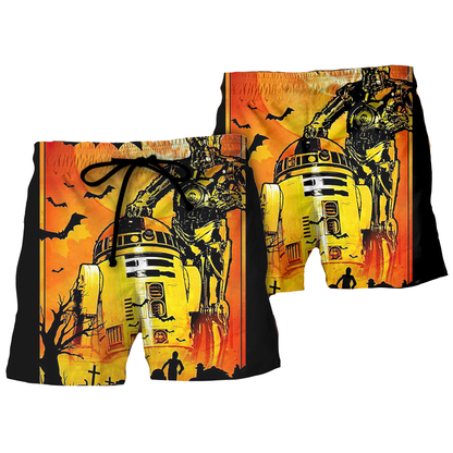 SW Shorts SW Halloween R2-D2 And C-3PO Beach Shorts Orange