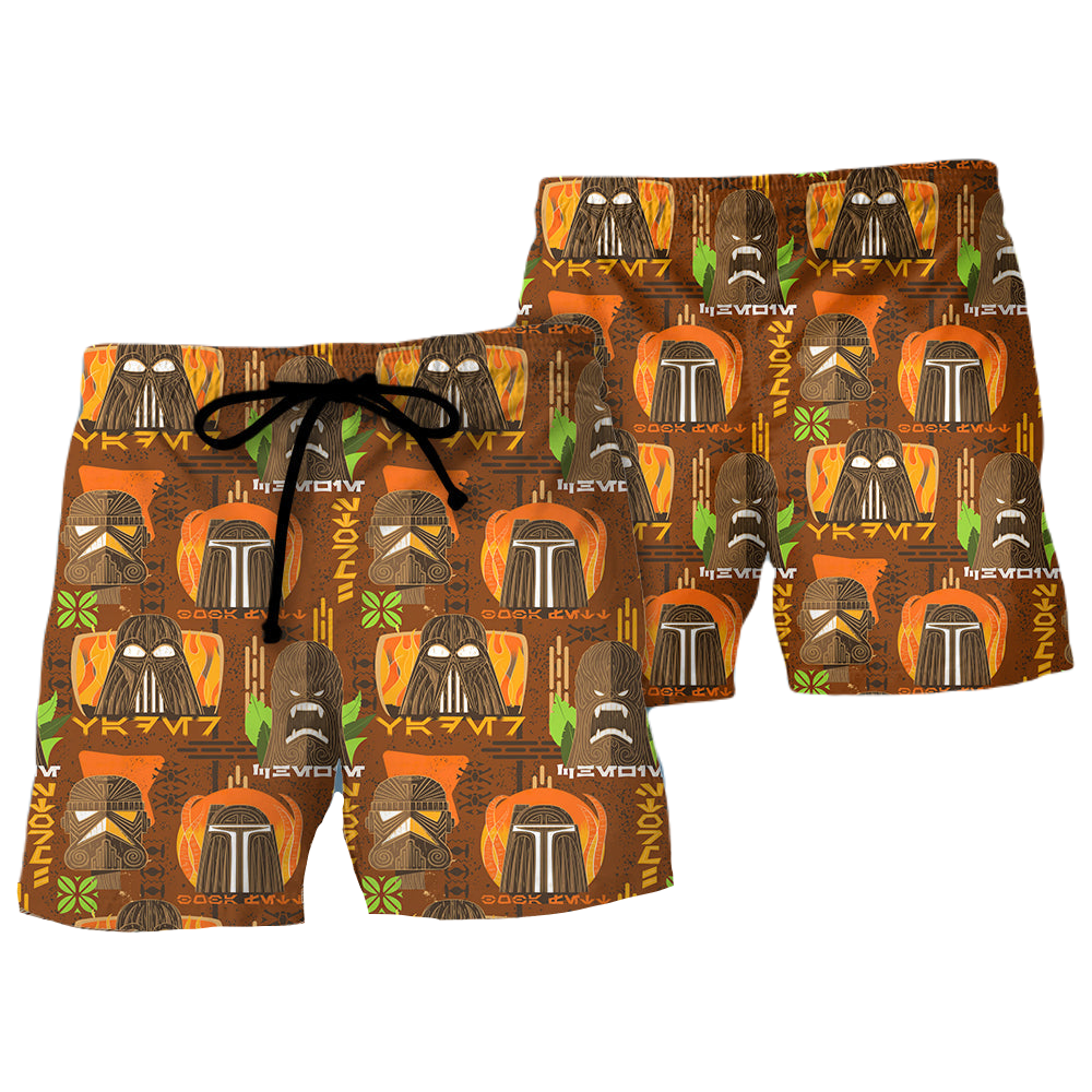 SW Shorts Darth Vader Mandalorian Tiki Art Beach Shorts Brown