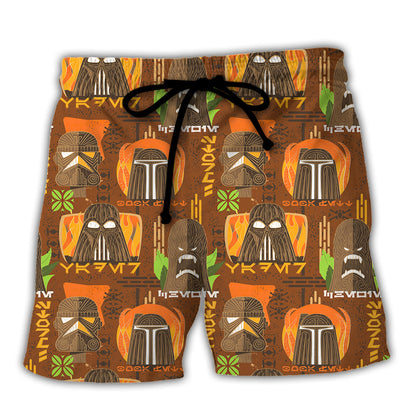 SW Shorts Darth Vader Mandalorian Tiki Art Beach Shorts Brown