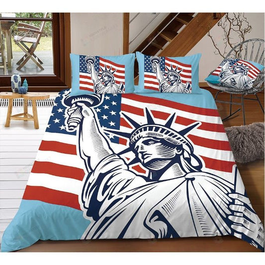 4th of July Bedding Set Statue Of Liberty With American Flag Duvet Covers Blue Red Unique Gift