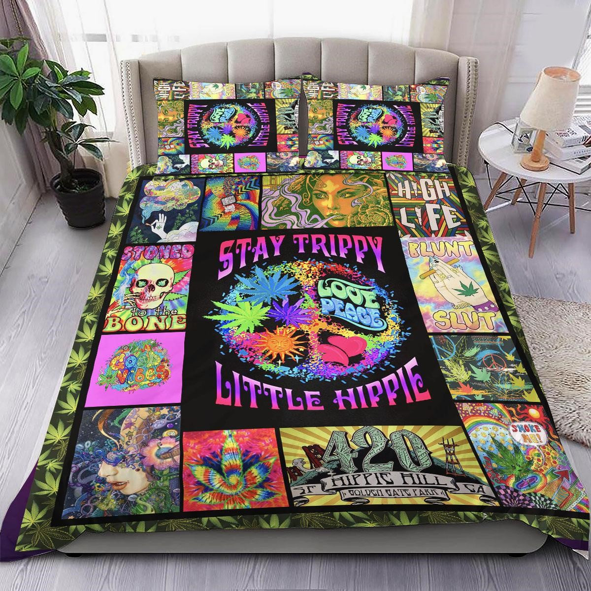 Hippie Bedding Set Stay Trippy Little Hippie Love Peace Duvet Covers Colorful Unique Gift