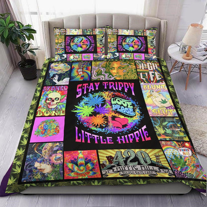 Hippie Bedding Set Stay Trippy Little Hippie Love Peace Duvet Covers Colorful Unique Gift