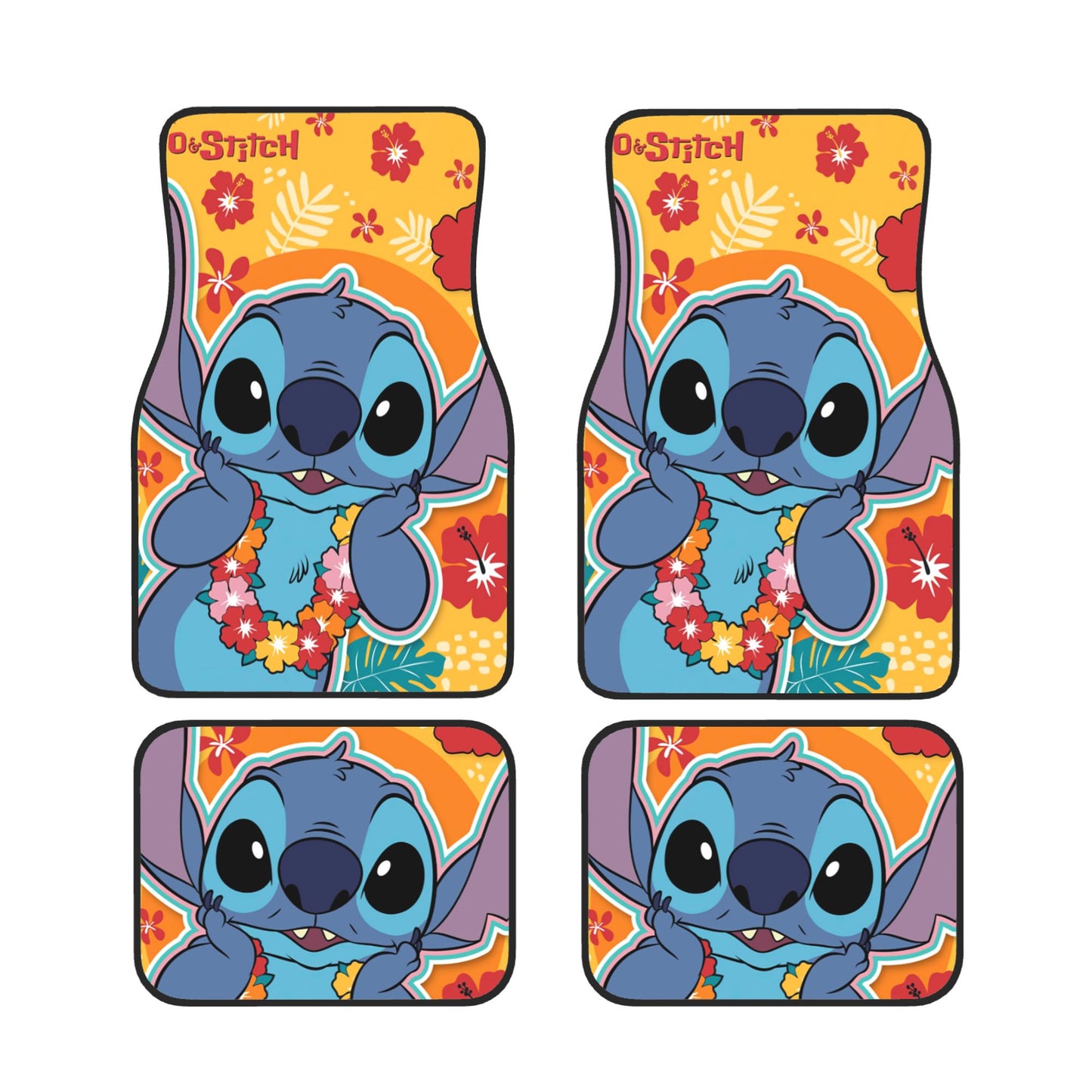 Stitch Car Mats Cute Stitch Face With Flower Necklace Car Floor Mats Blue Orange