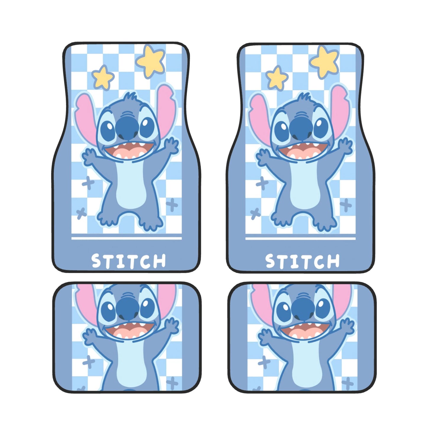 Stitch Car Mats Cute Stitch Happy Checkered Star Pattern Car Floor Mats White Blue