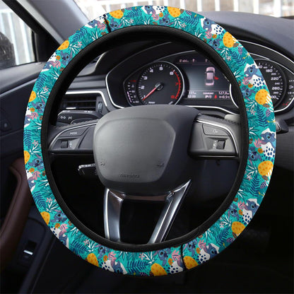 Stitch Steering Wheel Cover Stitch Tropical Leaves Pineapples Pattern Driving Wheel Cover Green