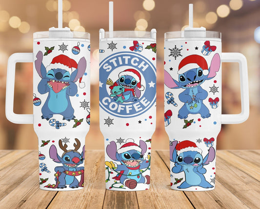 Stitch 40 Oz Tumbler Stitch Coffee Christmas Pattern Tumbler 40 Oz White Blue