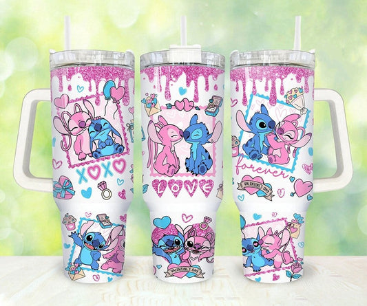 Stitch 40 Oz Tumbler Love Valentine Day Angel And Stitch Tumbler 40 Oz Pink White