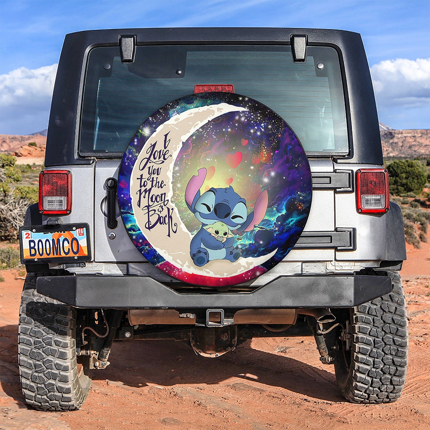 Stitch Spare Tire Cover DN Stitch Hold Baby Yoda Love You To The Moon Tire Covers White Blue