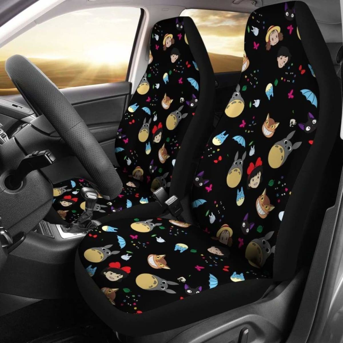 SGhibli Car Seat Covers SGhibli Characters Head Pattern Seat Covers Black