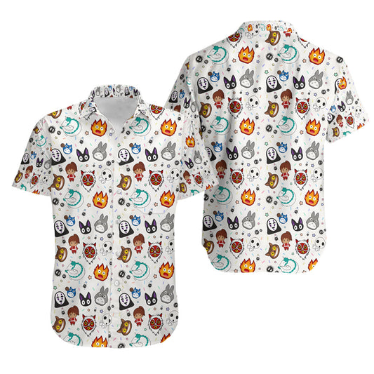 SGhibli Hawaii Shirt Chibi SGhibli Characters Face Pattern Hawaiian Shirt White Unisex