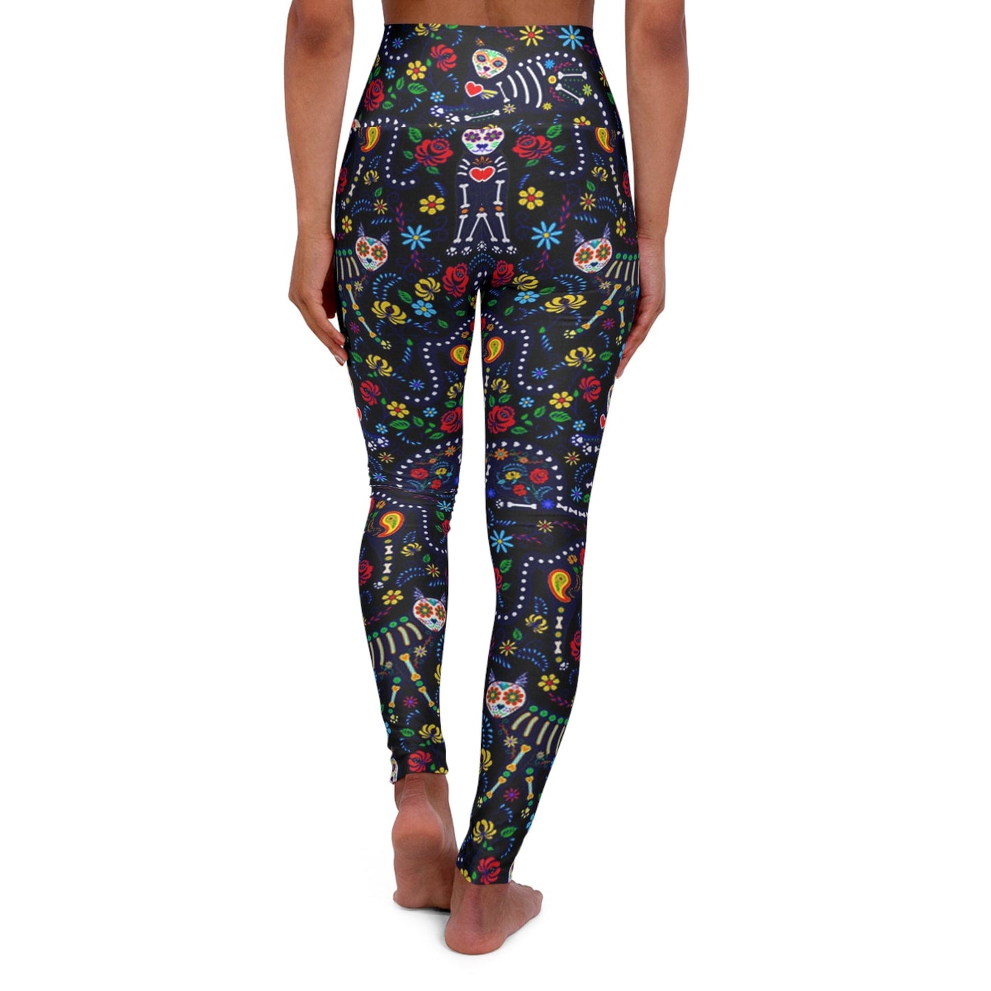 Skull Leggings Sugar Skull Cat Floral Pattern High Waisted Legging Black For Women