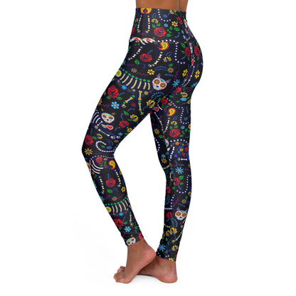 Skull Leggings Sugar Skull Cat Floral Pattern High Waisted Legging Black For Women