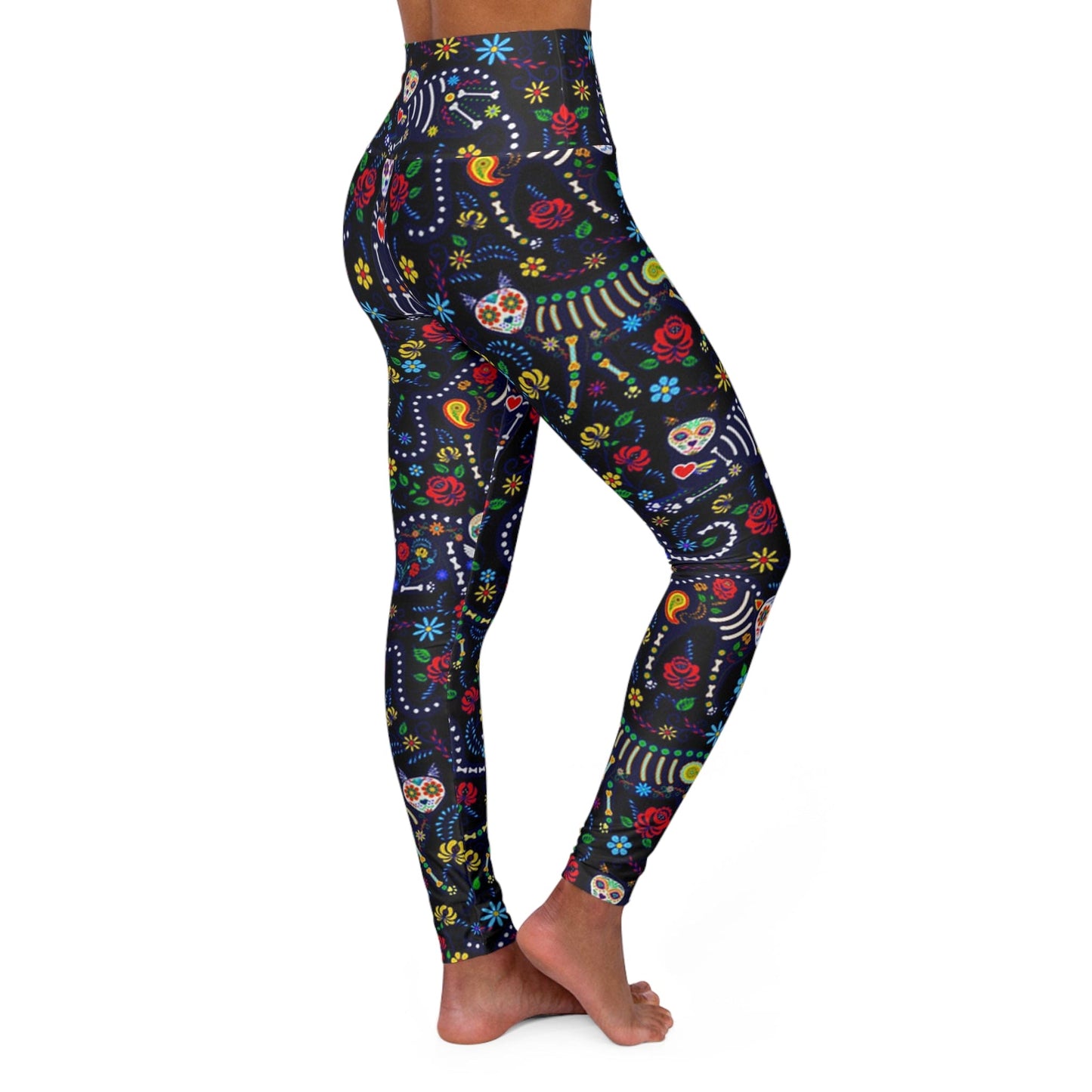 Skull Leggings Sugar Skull Cat Floral Pattern High Waisted Legging Black For Women