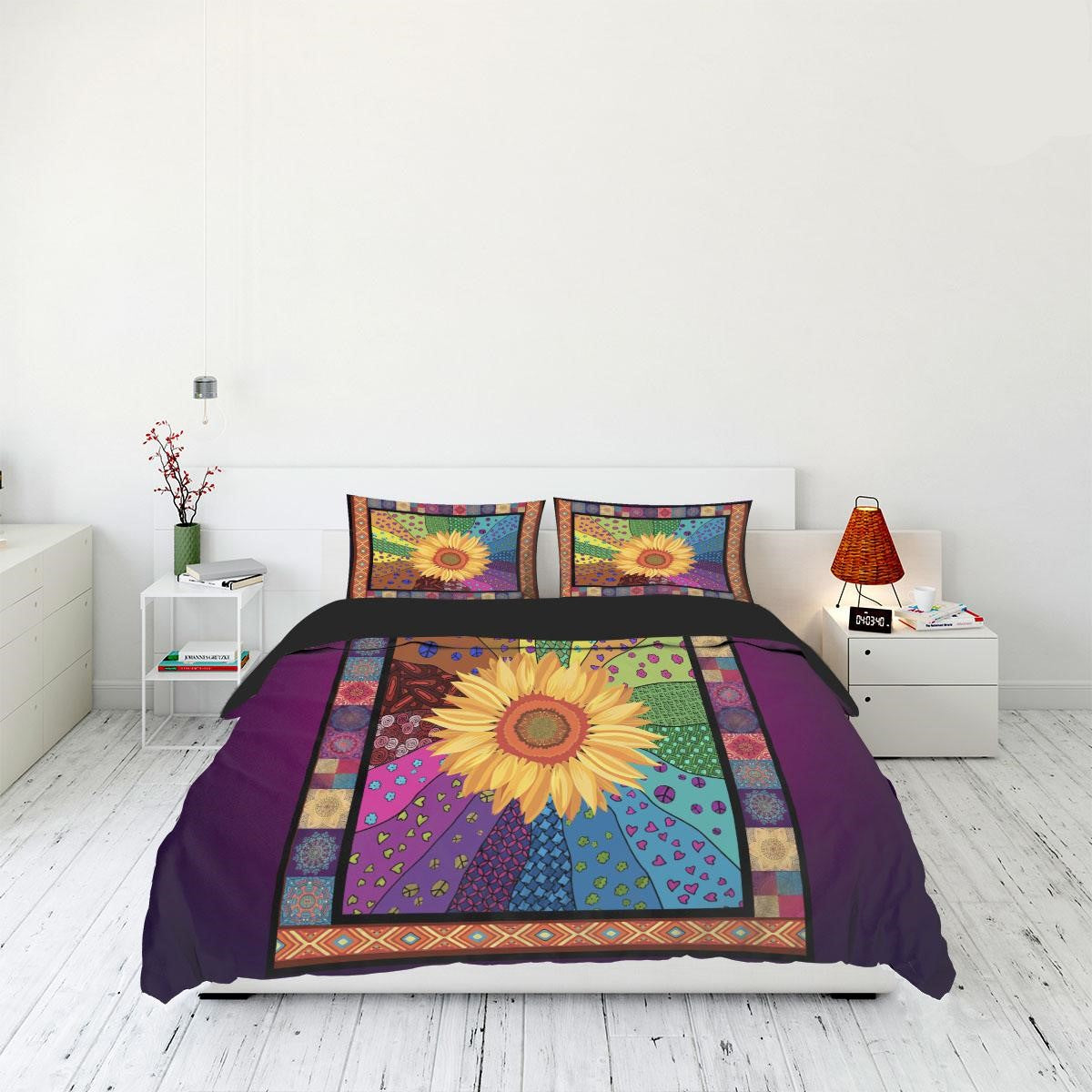 Hippie Bedding Set Sunflower Hippie Mandala Pattern Duvet Covers Colorful Unique Gift